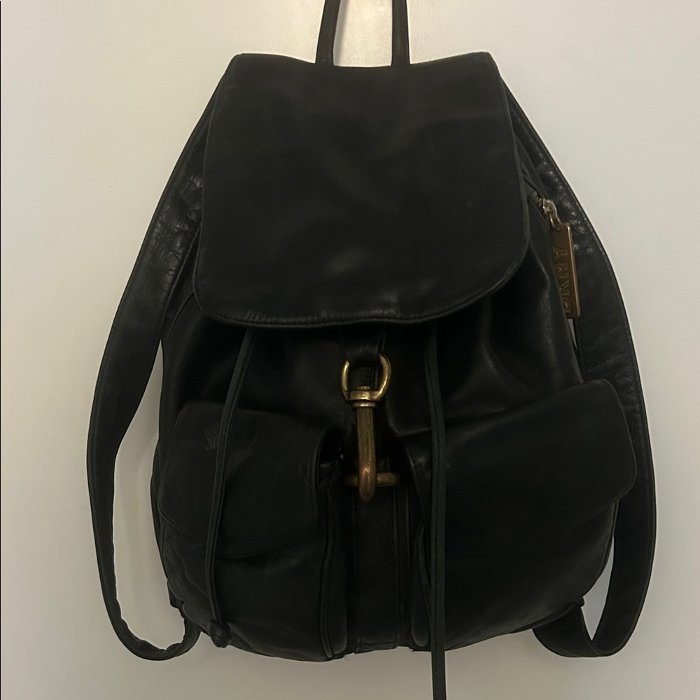 DKNY Black Leather Drawstring Backpack